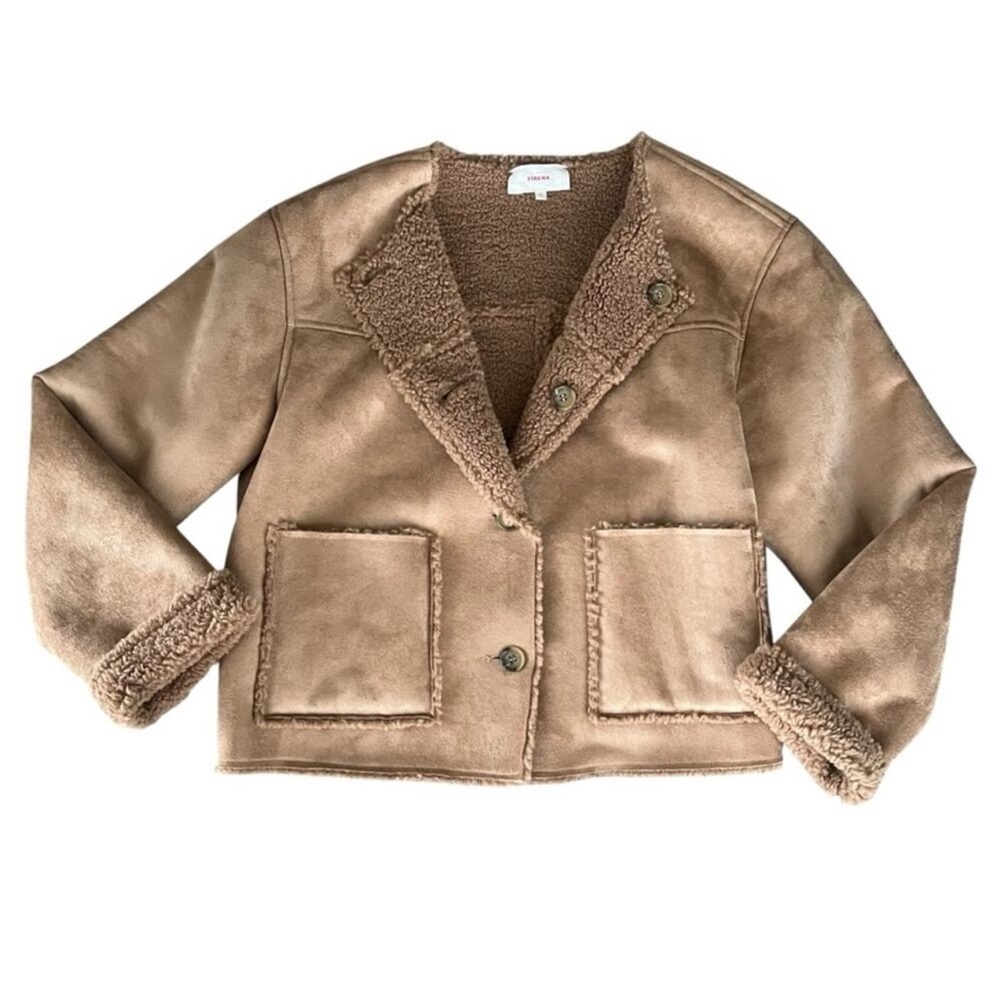Xirena Women’s Thayer Suede Driftwood Tan Shearling Collarless Boxy Jacket Sz S - Picture 6 of 7
